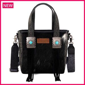 Genuine Cowhide Leather Tote Bag with Turquoise Concho & Fringe